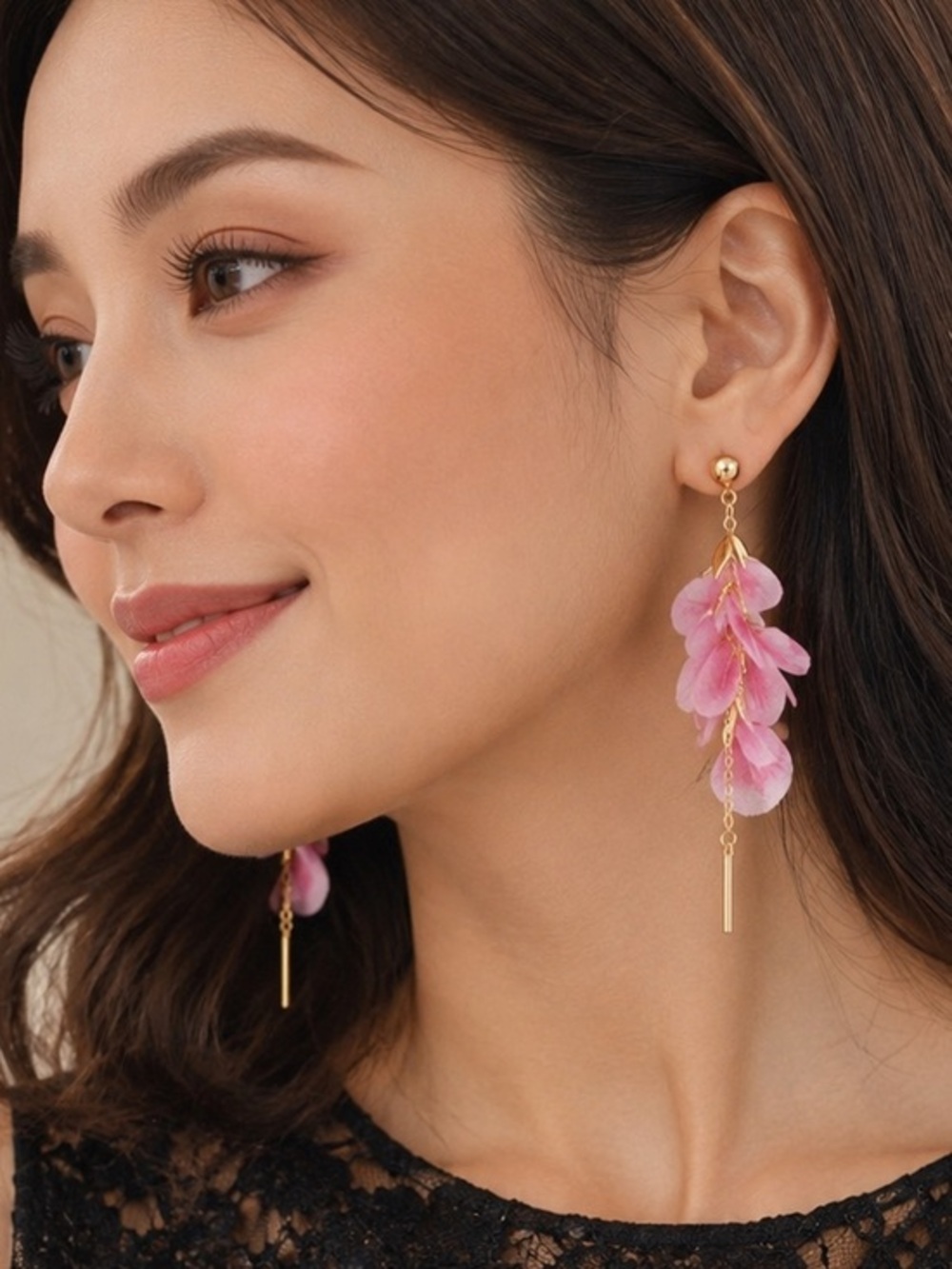 Gold-Tone Pink Floral Petal Drop Earrings - Women's Jewelry
